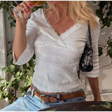  MQTIME  -  Solid Wrap V-neck 3/4 Sleeves Crop Tops Women Casual Lace Patchwork Ruched Slim Fit Short Shirts Lady Casual Day Blouse New