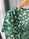 Mqtime Women Short Sleeve 100% Viscose Mid-Length Dress Casual A-Line Summer New Female Square Collar Green Print Long Robe