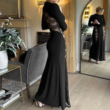 MQTIME  -  Sexy Embroidery Splicing Wrap Hip Dress Women Elegant O-neck Long Sleeve Gowns Dress Fashion Hight Waist Solid Slim Long Dress