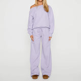  MQTIME  -  Women Lounge 2 Pieces Outfits Solid Color Off the Shoulder Long Sleeve Loose Fit Sweatshirt Tops and Wide Leg Pants Matching Set