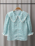  MQTIME  -  Price Women Print Peter Pan Collar Sweet Cotton Green Lace Stitching Blouse