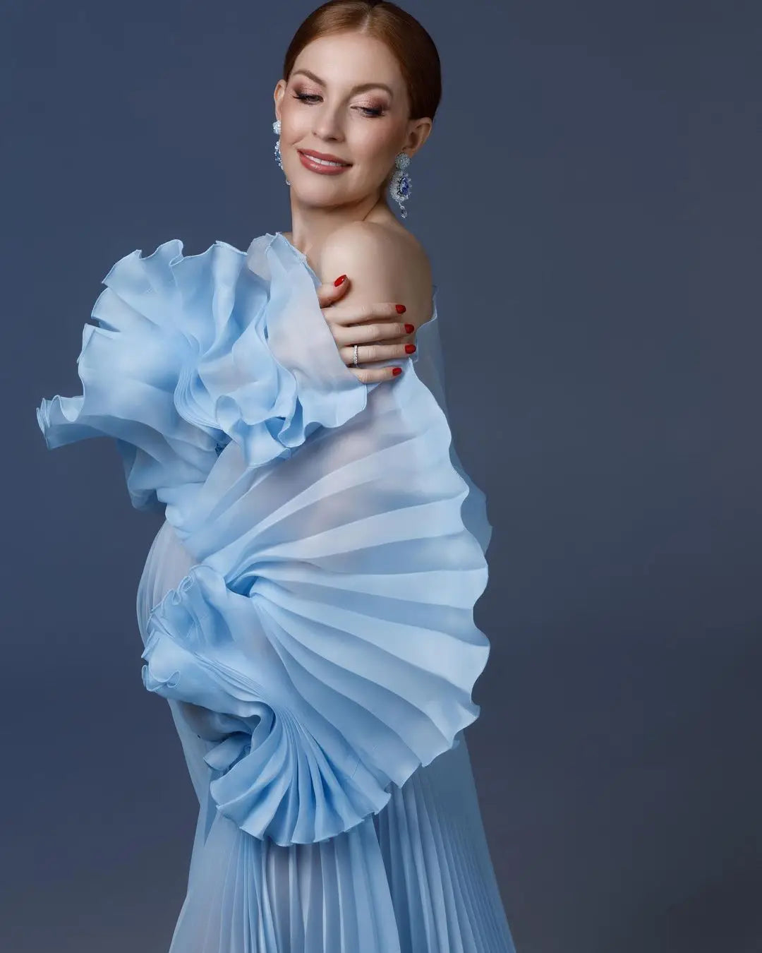 MQTIME - Elegant Blue Pleated Maternity Dresses for Photoshoot Puff Sl mqtime MQTIME - Elegant Blue Pleated Maternity Dresses for Photoshoot Puff Sl mqtime