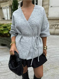 MQTIME  -  Women's Elegant V-neck Lace Up Cardigan Long Sleeved Solid Color Loose Knit Sweater Autumn Winter New Lady Street Knitwear 2024