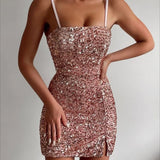 MQTIME  -  Women's Fashion Backless Wrap Hip Short Dresses New Suspender Hollowed Out Slim Club Dress Shiny Sequins High Waist Mini Dress