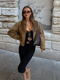 MQTIME  -  Chic Suede Short Jacket Woman Lapel Zipper Pocket Long Sleeves Solid Coats 2025 Autumn Casual Streetwear Lady New In Jackets