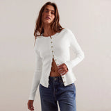 MQTIME  -  Women Knitwear Regular Fit Full Stretch Viscose Cropped Sweaters Long-sleeved Round Neck Button Down Rib Cardigans