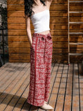 MQTIME  -  Bohemian Red Printed Beach Pants, Women'S Retro Ethnic Style High Waisted Slim Fit Vacation Wide Leg Long Pants