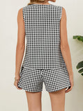 MQTIME  -  Stylish Women s 2-Piece Set with Plaid Print V-Neck Tank Top and Elastic Shorts Perfect for Club and Streetwear Fashion