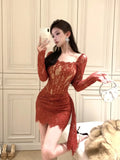 MQTIME  -  Red Lace Splice Long Sve Women's Dr Summer Tight Bodycon ort Skirt High Waist Commute Sle Faion Chinese Brand