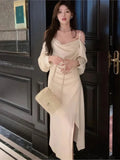 MQTIME  - Summer Elegant Vintage Party Dresses for Women Off Shouder Long Sleeve Dress Patchwork Pearl Beading Strap Vestido New 2024
