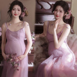 MQTIME  -   Elegant French Vintage Pink Sweet Sheer Maternity Dress for Pregnancy Photo Shoot Feminine Romantic Chic Expecting Mom Outfit