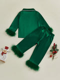MQTIME  -  Children s Satin Pajama Set with Plush Trim Long Sleeve Button-up Shirt Elastic Waist Pants - 2 Piece Sleepwear Ensemble