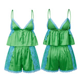  MQTIME  -  Summer Women Retro Satin Pajama Sets Sleeveless Camisole Tops with Shorts 2 Piece Outfits Lace Trim Sleepwear