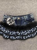  MQTIME  -  Summer Vintage Gothic Denim Skirt Women Y2K Punk Fashion Leopard Print Mini Skirt Grunge Streetwear Fur Patchwork Clothes New