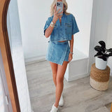 MQTIME  -  High Street Lapel V Collar Blouse&Mini Skirt Denim Suit 2YK Style Short Sleeve Denim Two Piece 2025 Women Fashion Dresses Set