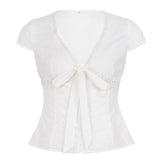  MQTIME  -  High Street Euramerican Summer Deep  V Neck Short Sleeve Straps Shirts Y2k Aesthetic Crochet Hollow Out Clothes Sweet Casual Top