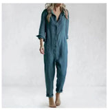 MQTIME  -  Fashion Cotton Linen Long Sleeve Pocket Jumpsuit Women'S Autumn Casual Loose Solid Color Shirt Jumpsuit Female Military Rompers