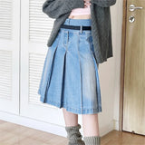 MQTIME -  2024 Punk Rock Vintage Midi Long Pleated Denim Skirt Women Fashion Aesthetic Grunge Y2k Blue Jeans Bottoms Female Streetwear