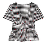 MQTIME  -  Deep V Neck Puff Short Sleeve Shirt Women Black White Plaid Cherry Embroidery Chiffon Crop Blouse  Ladies Holiday Outfit New