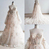 MQTIME  -  Elegant Champagne Embroidered Flower Pearl Pregnany Photography Dress Open Front Removable Sleeves Maternity Gown for Photoshoot