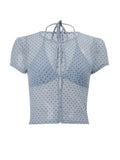 Blue Polka Dot Sheer Mesh Skirts Suits Women Short Sleeves Hollow Out Slim Fit Midi Skirt Sets 2026 Lady Chic Summer Outfits New