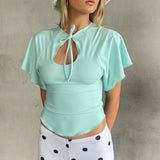 MQTIME  -  Solid Hollow Out Lace Up T-shirt Women Front Flutter Sleeve Fitted Waist Curved Hem Casual Tops Summer Daily Street Blouses