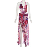 MQTIME  -  Floral Print Ruffles Mesh Asymmetrical Maxi Dress Women Sexy Deep V Neck Lace Up Halter Backless Ruched Vacation Beach Long Robe