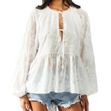 MQTIME  -  Elegant Women s Embroidered Blouse with Floral Detailing Stylish Casual Tie-Front Top with Loose Fit and Long Sleeves