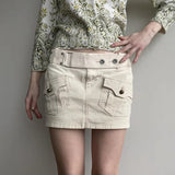 MQTIME  -  Safari Style Low Waist Belt Decor Mini Skirts Women Grunge Streetwear E-girl Fashion Pockets Bodycon Skirt Y2K Bottoms