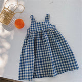 MQTIME  -  Girls Korean Blue Plaid Dress Summer New Cotton And Linen Children's Cute Bow Tie Sleeveless Halter Suspenders Dresses