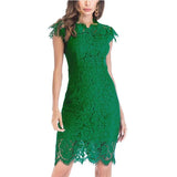 MQTIME  -  Lace Dress Ruffled Neck Slim Fit Party Dress Short Sleeve Hollow Out Elegant Wine Red Vestidos Femme Evening Robes