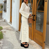 MQTIME  -  Spring Summer V Neck Lace Up Hollow Knitted Dress Sexy Beach Slim Cover Up Maxi Dress Women's Casual Long Sleeved Holiday Dress