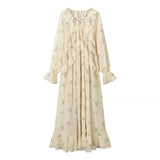  MQTIME  -  French Style Retro Print Ruffles Dress Women's Trend Temperament Pleated Lace Up Long Sleeve Dresses Loose Fashion Long Dress