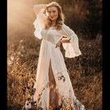 MQTIME  -  Boho Pregnant Dress Comfortable Linen Cotton One Shoulder Lace Long Sleeved Dress Photography Dress For Women