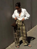 MQTIME  -  Vintage Green Plaid Long Straight Loose Pants For Women Causal High Waist Trousers Autumn New Women Pants Streetwear
