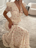  MQTIME  -  Chiffon Printed Ruffle Skirts Sets Women V-neck Short Puff Sleeve Button Cropped Shirt Slim Mermaid Skirt Summer Party Suit