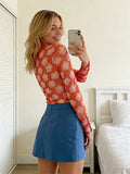 MQTIME  -  Women Shirts Flower Print Long Sleeve Ruched Button Down Slim Fit Blouse See Through Fashion Work Tops Streetwear