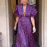 MQTIME  -  Spring and summer new style elegant deep V-neck short sleeved printed dress cross-border French women's clothing
