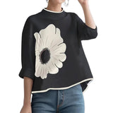 MQTIME  -  2024 New Women Fashion Flower Printed High-Low T-Shirts Spring Summer Stand Collar Casual Elegant Pullover Tops