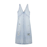  MQTIME  -  Vintage Women's Denim Halter Dress Sleeveless Perforated V-Neck Long Summer Dress for Ladies Holiday Fashion