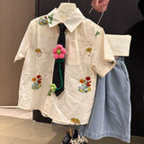 MQTIME  -  Boys' Suit Spring and Summer New Children's Clothes Boys' Baby Sunflower Tie Shirt Jeans Five Minute Pants Two Sets