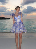 MQTIME  -  Elegant Printed Short Dresses Women Chic Lace Up Sleeveless Puff Dress Female Summer Holiday High Waist Lady Vestidos Beachwear