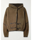 MQTIME  -  Brown Faux Shearling Trimmed Horn Button Short Jacket Women Patchwork Full Sleeve Oversize Coat Winter Cozy Stylish Outerwear