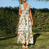 MQTIME  -  Women Summer Dress Elegant Floral Print Loose Hem Maxi Dress Spring V Neck Butterfly Sleeve Bohemian Holiday Dress Vestido Mujer