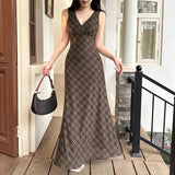 MQTIME  -  Women Dark Brown Plaid Mesh Maxi Dress Sleeveless V Neck Lace Trim Side Ruched Slim Bodycon Vintage Summer Waist Long Slip Dress