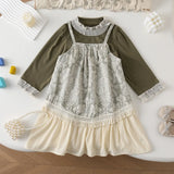 MQTIME  -  Spring Children Girls 2PCS Clothes Set Loose Floral Print Spliced Tassel Kids Girls Sling Dress Suits Girl Lace Undershirt
