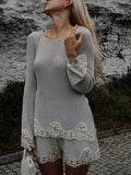 MQTIME  -  Lace Trim Women Short Suit Round Neck Sheer Layers Knitted Top Solid Elastic Waist Shorts Beach Vacation Daily Suits For Ladies