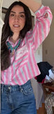MQTIME  -  Women Pink Plaid Lace Shirt Top Leisure Long Sleeved Single Breasted Lapel Lady Summer Blouses Casual Streetwear French Style
