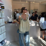 MQTIME  -  Solid Lace Patchwork Sling Tops Lady Casual Sleeveless V Neck Chic Loose Backless Short Vest Summer Vacation Street Wear