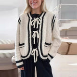 MQTIME  -  Elegant Knitted Lace Up Cardigan Women Winter Casual Loose Contrast Color O-neck Pockets Sweaters Female Warm Chic Knitwear